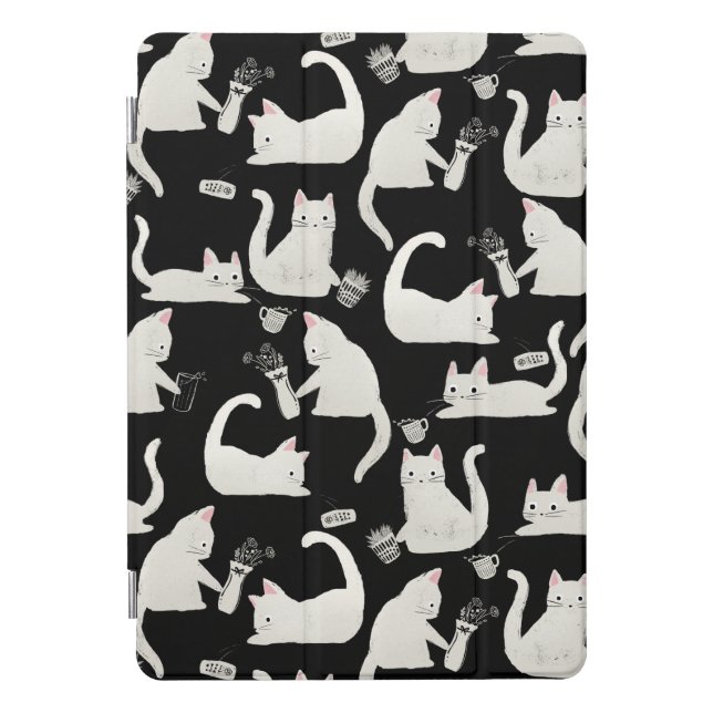 Bad Cats Knocking Stuff Over, White Cats on Black iPad Pro Cover (Front)