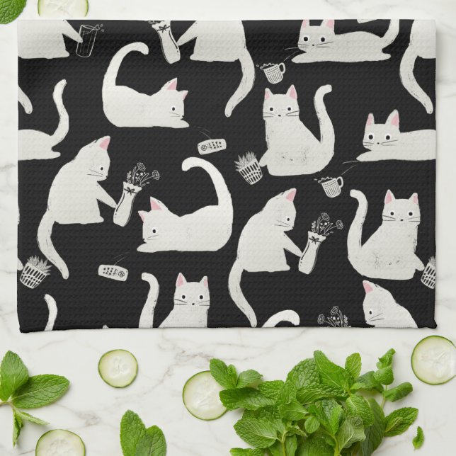 Bad Cats Knocking Stuff Over, White Cats on Black Kitchen Towel (Folded)