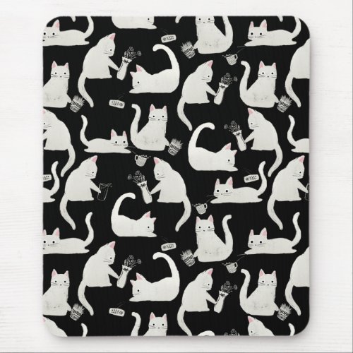 Bad Cats Knocking Stuff Over White Cats on Black Mouse Pad