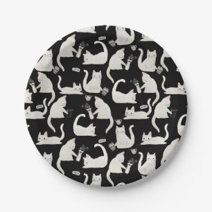 Bad Cats Knocking Stuff Over, White Cats on Black Paper Plates