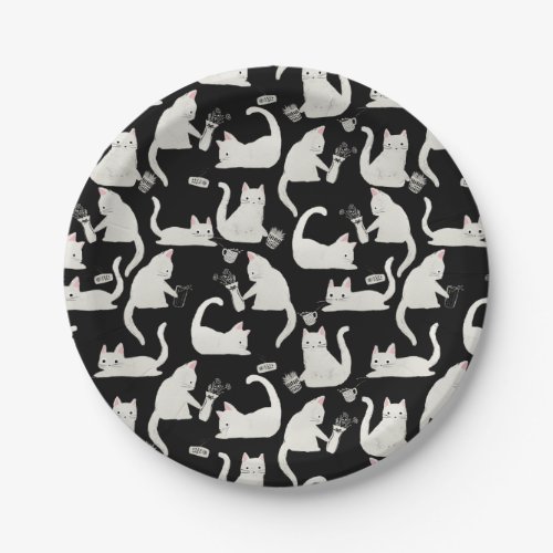 Bad Cats Knocking Stuff Over White Cats on Black Paper Plates