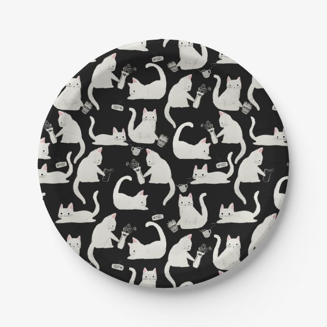 Bad Cats Knocking Stuff Over, White Cats on Black Paper Plates (Front)