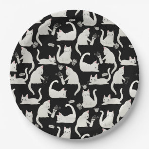Bad Cats Knocking Stuff Over, White Cats on Black Paper Plates