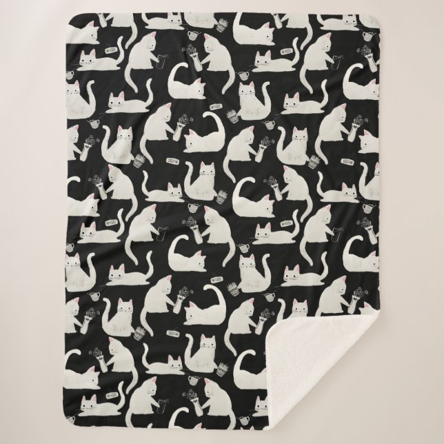 Bad Cats Knocking Stuff Over, White Cats on Black Sherpa Blanket (Front)