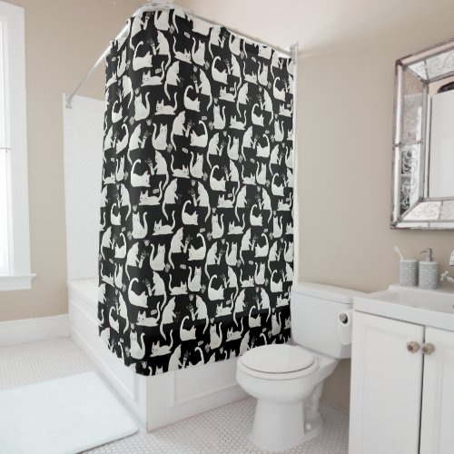 Bad Cats Knocking Stuff Over White Cats on Black Shower Curtain