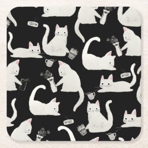 Bad Cats Knocking Stuff Over, White Cats on Black Square Paper Coaster