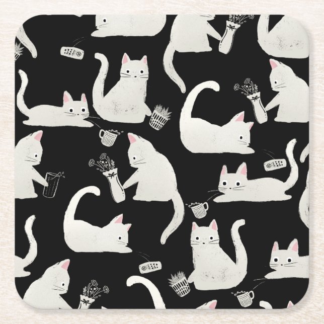 Bad Cats Knocking Stuff Over, White Cats on Black Square Paper Coaster (Front)