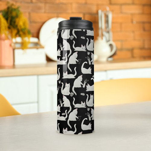 Bad Cats Knocking Stuff Over White Cats on Black Thermal Tumbler