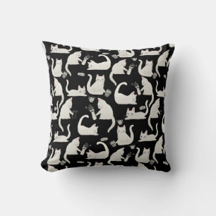 Bad Cats Knocking Stuff Over, White Cats on Black Throw Pillow