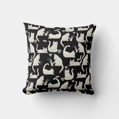 Bad Cats Knocking Stuff Over White Cats on Black Throw Pillow