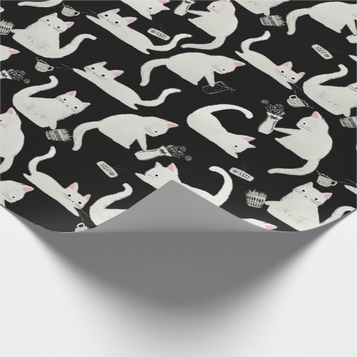 Bad Cats Knocking Stuff Over White Cats on Black Wrapping Paper