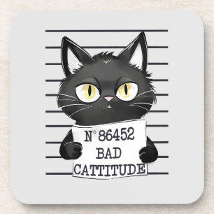 Bad Cattitude – Black Cat Mugshot Beverage Coaster