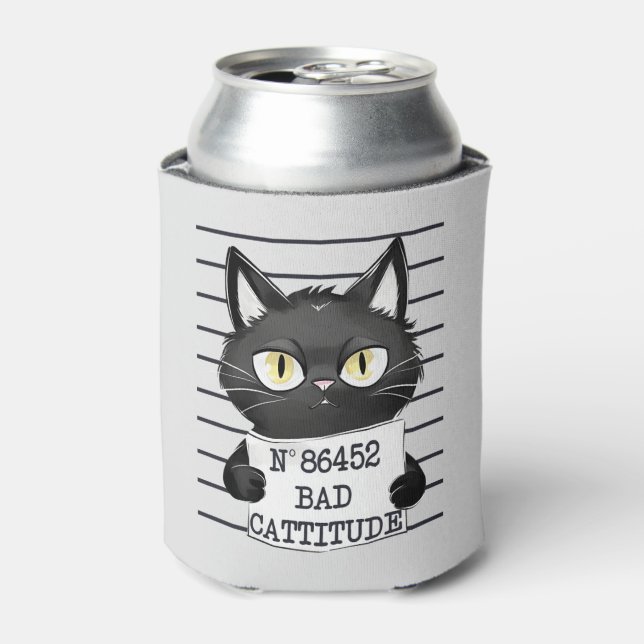 Bad Cattitude – Black Cat Mugshot Can Cooler (Can Front)