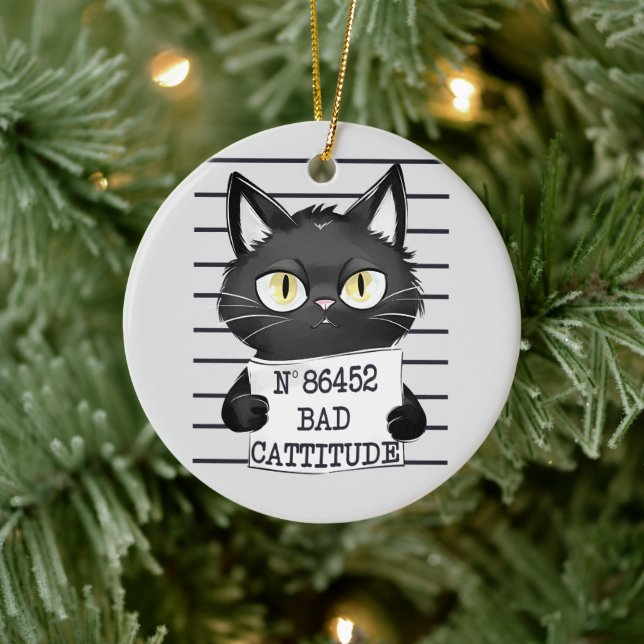 Bad Cattitude – Black Cat Mugshot Ceramic Ornament (Tree)
