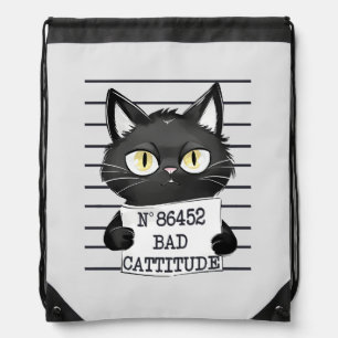 Bad Cattitude – Black Cat Mugshot Drawstring Bag
