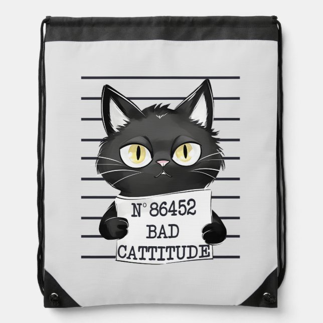 Bad Cattitude – Black Cat Mugshot Drawstring Bag (Front)