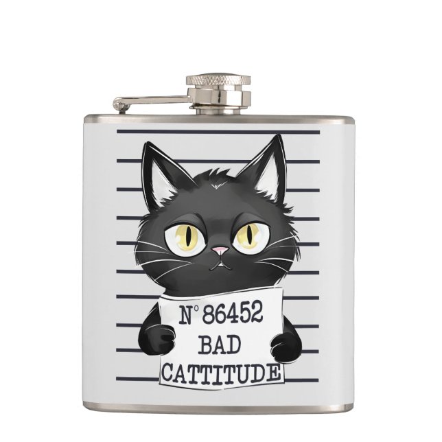 Bad Cattitude – Black Cat Mugshot Flask (Front)