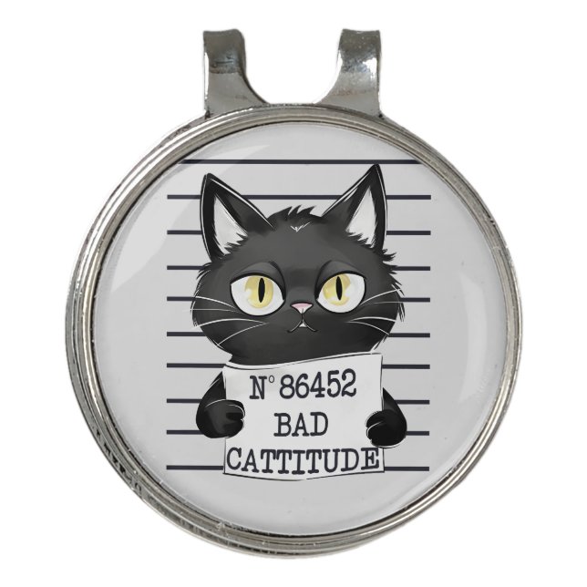Bad Cattitude – Black Cat Mugshot Golf Hat Clip (Front)