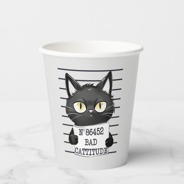 Bad Cattitude – Black Cat Mugshot Paper Cups (Front)