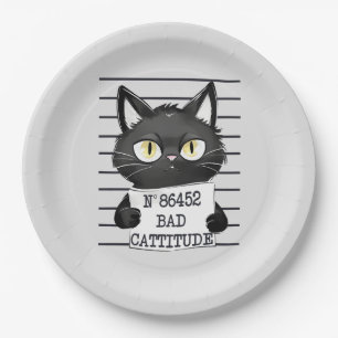 Bad Cattitude – Black Cat Mugshot Paper Plates