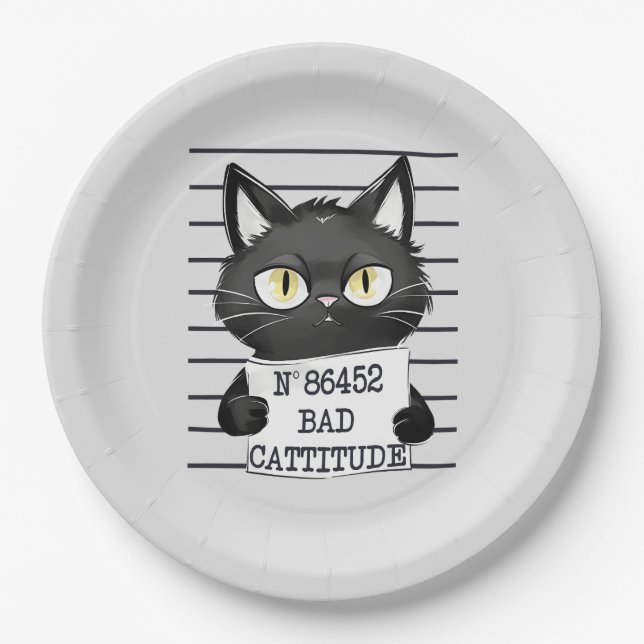 Bad Cattitude – Black Cat Mugshot Paper Plates (Front)