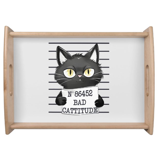 Bad Cattitude – Black Cat Mugshot Serving Tray (Front)