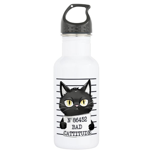 Bad Cattitude – Black Cat Mugshot Stainless Steel Water Bottle (Front)
