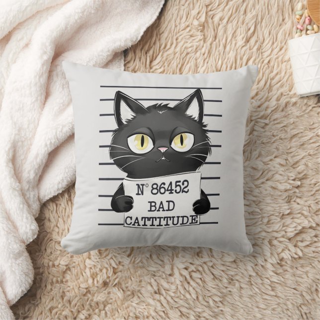Bad Cattitude – Black Cat Mugshot Throw Pillow (Blanket)