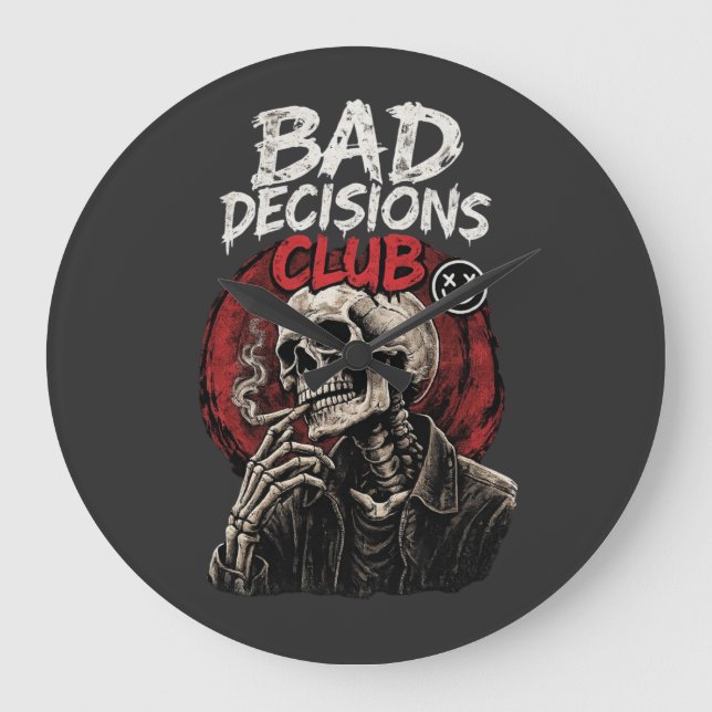 Bad Decisions Club Skeleton in Leather Jacket  Large Clock (Front)