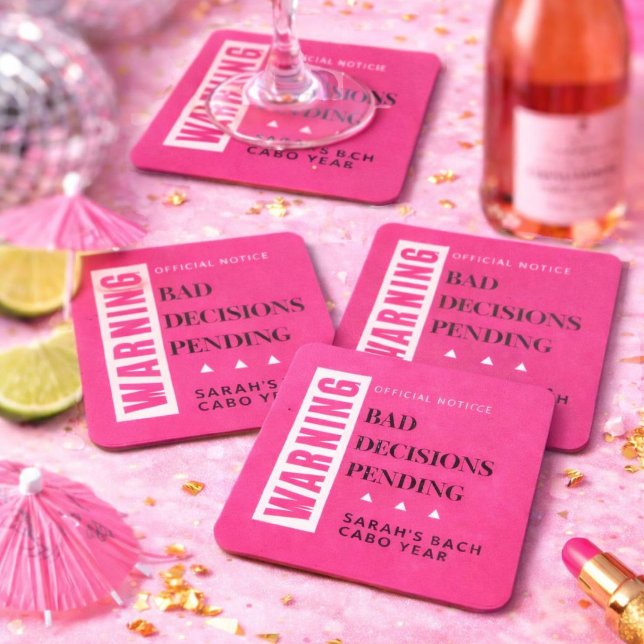 Bad Decisions Pending | Personalized Bachelorette  Square Paper Coaster (Creator Uploaded)