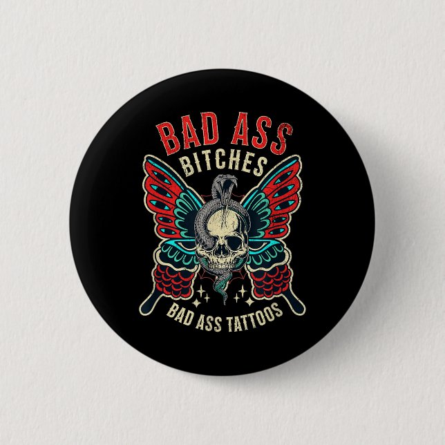 Bad Es Tattooed Women Empowered Retro Tattoo Flash Button (Front)