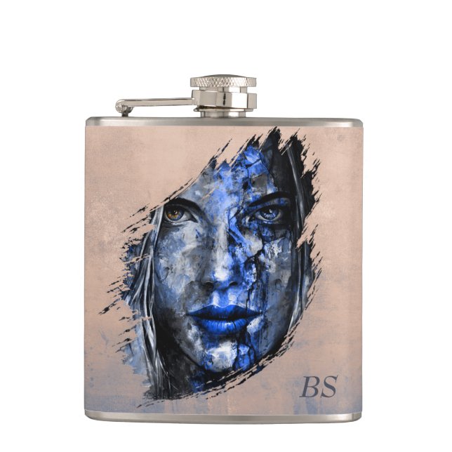 Bad Girl rustic Rose Gold Blue monogram Flask (Front)