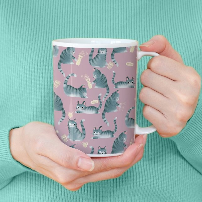 Bad Grey Tabby Cats Knocking Stuff Over Coffee Mug (Bad Grey Tabby Cats Knocking Stuff Over Patterned Mug)