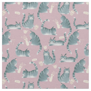 Bad Grey Tabby Cats Knocking Stuff Over Fabric
