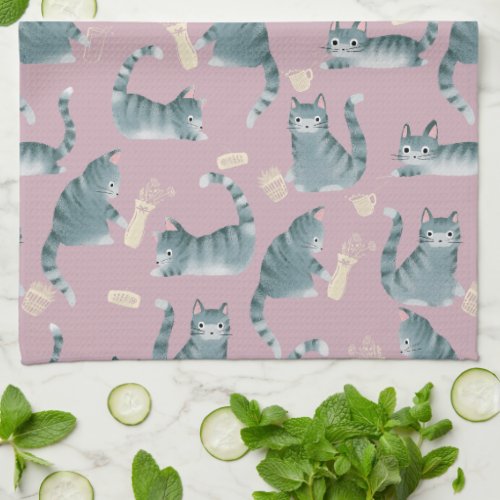 Bad Grey Tabby Cats Knocking Stuff Over  Kitchen Towel