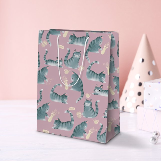 Bad Grey Tabby Cats Knocking Stuff Over  Medium Gift Bag (Bad Grey Cats Knocking Stuff Over Gift Bag)