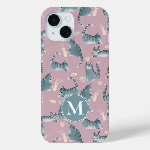 Bad Grey Tabby Cats Knocking Stuff Over  Monogram iPhone 15 Case