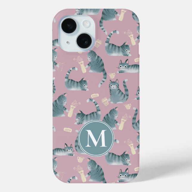 Bad Grey Tabby Cats Knocking Stuff Over & Monogram Case-Mate iPhone Case (Back)