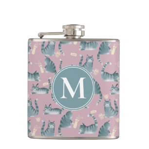 Bad Grey Tabby Cats Knocking Stuff Over & Monogram Flask