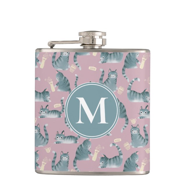 Bad Grey Tabby Cats Knocking Stuff Over & Monogram Flask (Front)