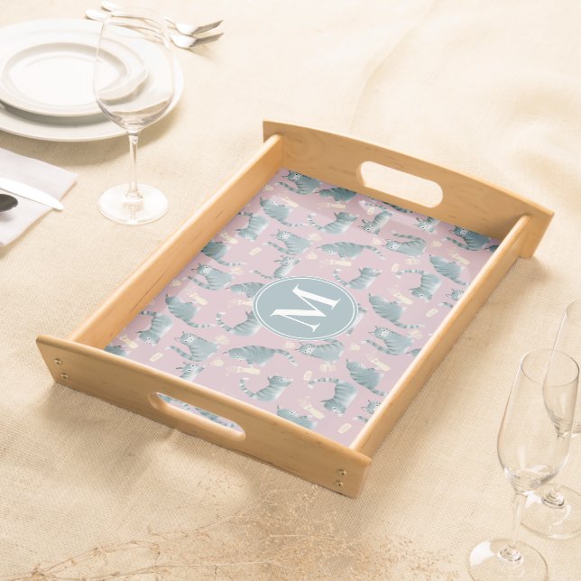 Bad Grey Tabby Cats Knocking Stuff Over & Monogram Serving Tray (Front)