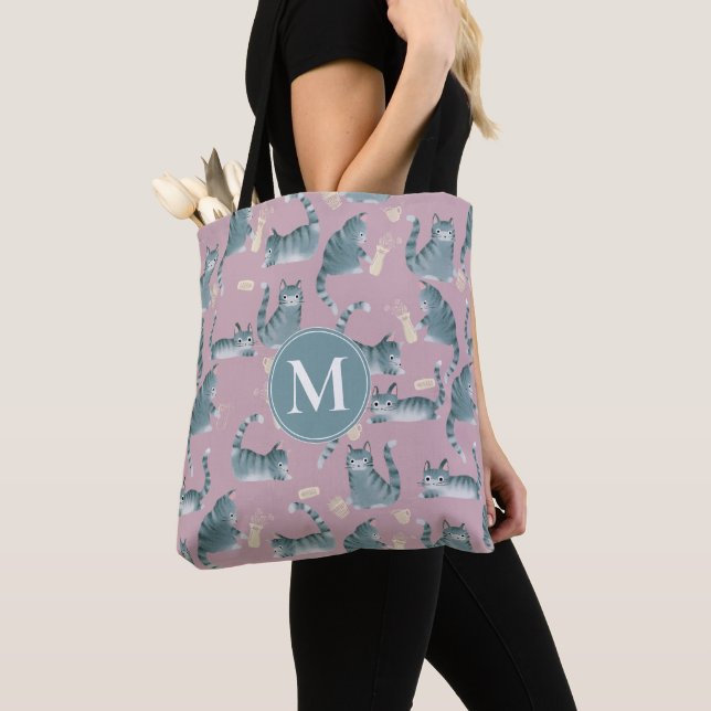 Bad Grey Tabby Cats Knocking Stuff Over & Monogram Tote Bag (Close Up)