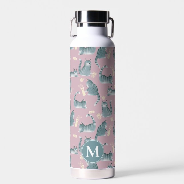 Bad Grey Tabby Cats Knocking Stuff Over & Monogram Water Bottle (Front)
