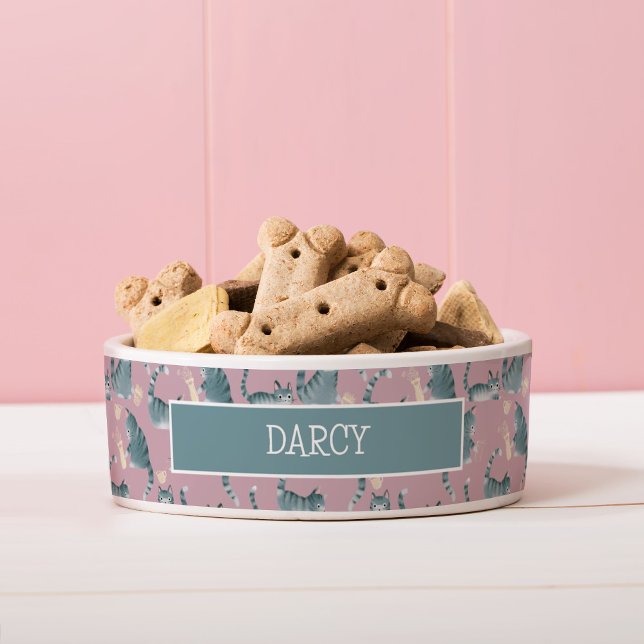 Bad Grey Tabby Cats Knocking Stuff Over Pattern Bowl (Bad Grey Tabby Cats Knocking Stuff Over Pet Bowl (add your own pet name and change the colour!))