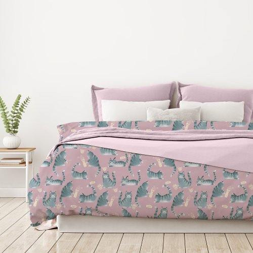 Bad Grey Tabby Cats Knocking Stuff Over Pattern Duvet Cover