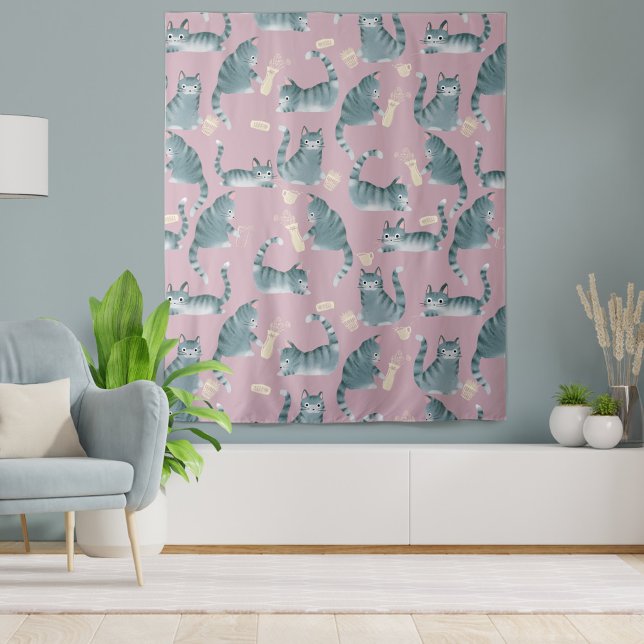 Bad Grey Tabby Cats Knocking Stuff Over Pattern Tapestry (Bad Tabby Cats Tapestry)