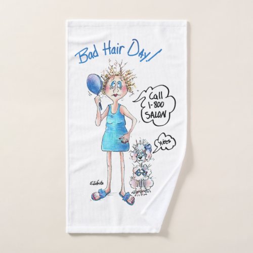 Bad Hair Day blue dress distressed expression Hand Towel