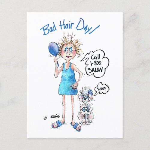 Bad Hair Day blue dress distressed expression  Postcard