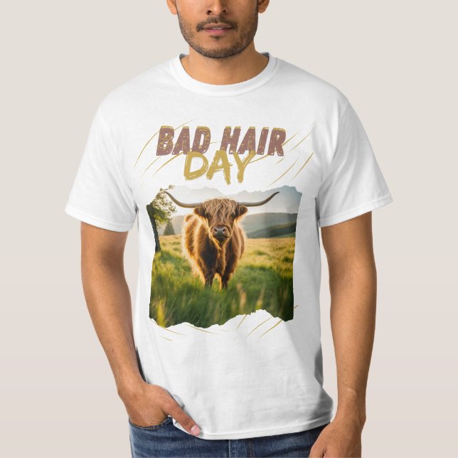 Bad Hair Day highland cattle with wild hairstyle T-Shirt (Front)