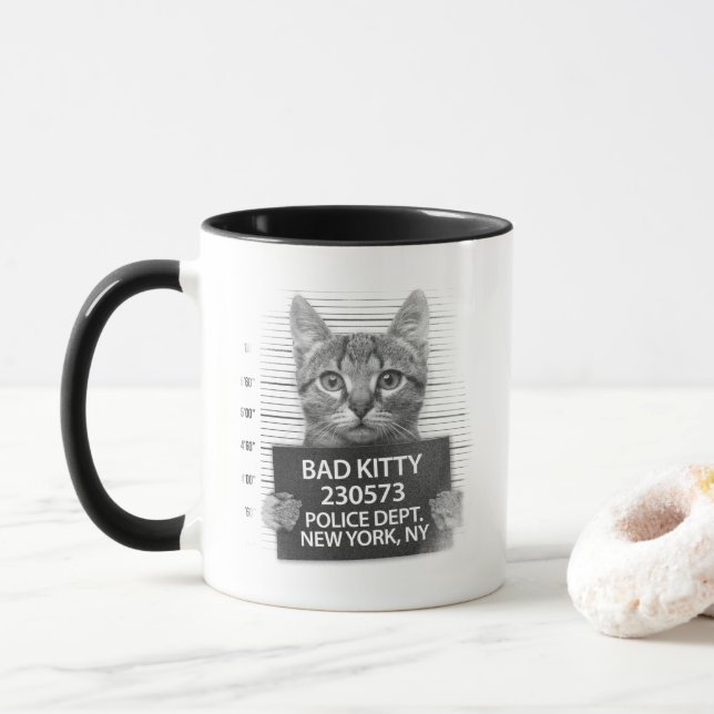 Bad Kitty Cat Police Arrest Photo Funny Coffee Mug (With Donut)